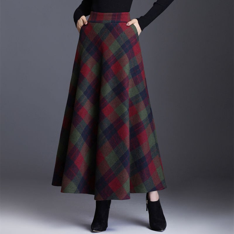 Plaid Tall Waist Long Skirts For Women Autumn Winter Elegant