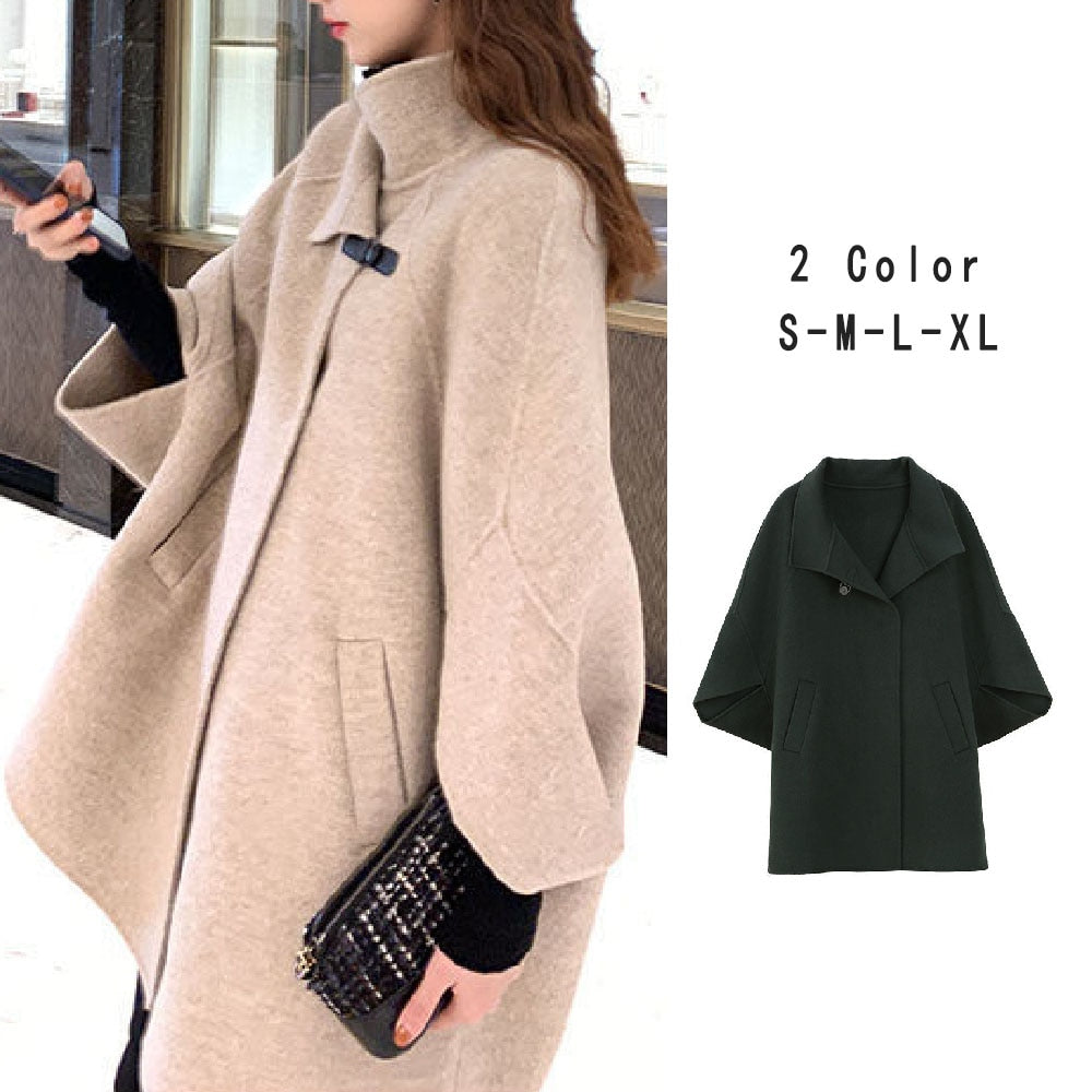 6 Colors Womens Batwing Sleeve Hooded Wool Coat Winter Solid Color