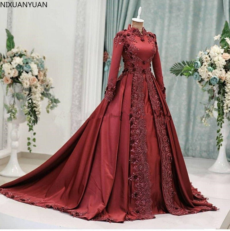 Dark Red Arabic Muslim Wedding Dresses with Long Sleeves Lace High Nec – Waislamaa