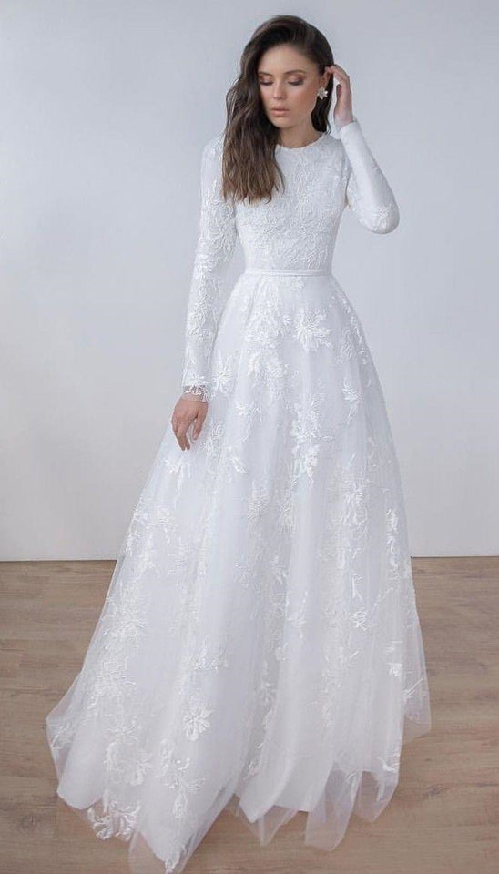 Long Sleeves Lace A-line Modest Wedding Dresses Jewel Neck Sweep Train Waislamaa Long Sleeves Lace A-line Modest Wedding Dresses Jewel Neck Sweep Train Waislamaa