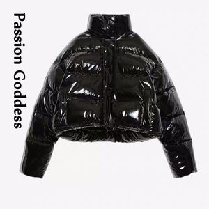 Winter Women Shiny Pu Leather Puffer Jackets Thick Cropped Parkas