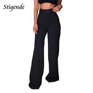 Casual Solid Belt Trouser Women's High Waist Wide Leg Straight Pants L –  Waislamaa