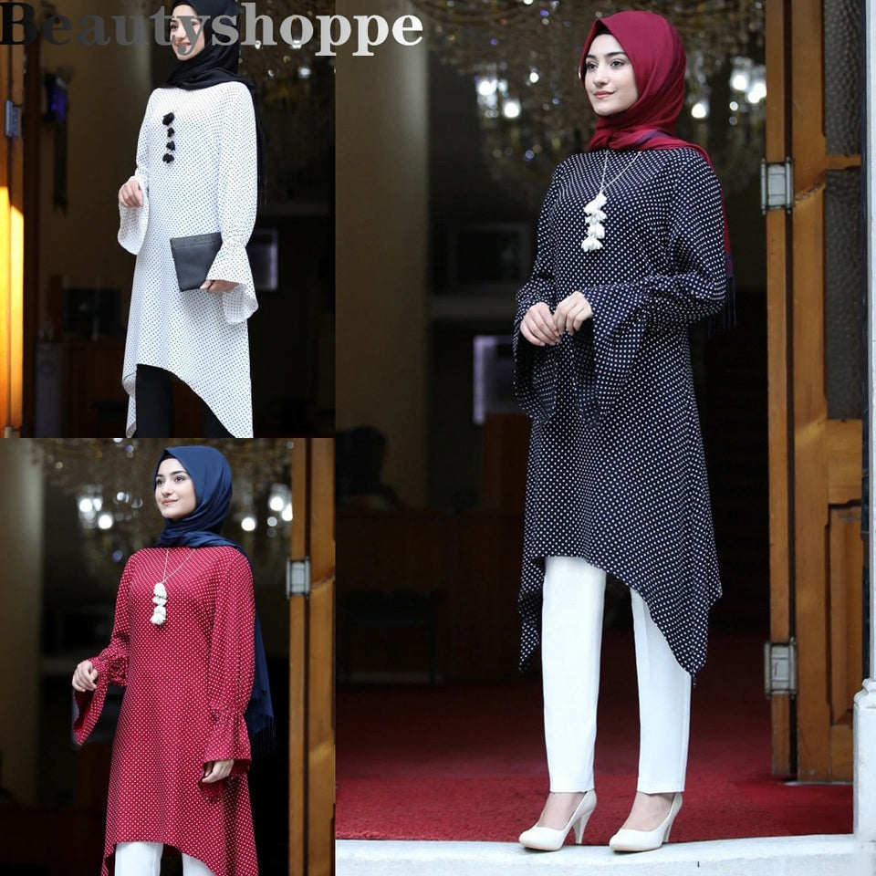 HGYCPP Women Muslim Long Sleeve Tunic Tops Flared Ruffles Hem Solid Color  Pullover Loose Shirt Autumn Malaysia Turkey Abaya Dubai Vintage Blouse Islamic  Clothing 