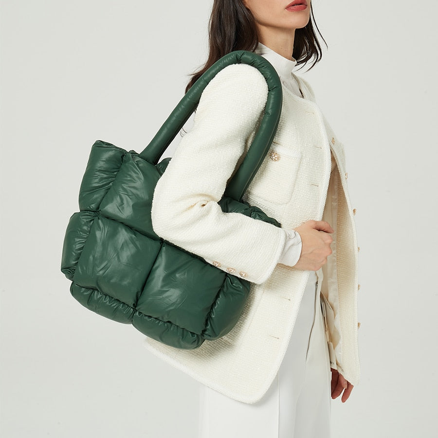 Large Shoulder Bag Green Beige Padded Handbag Purse Winter Down