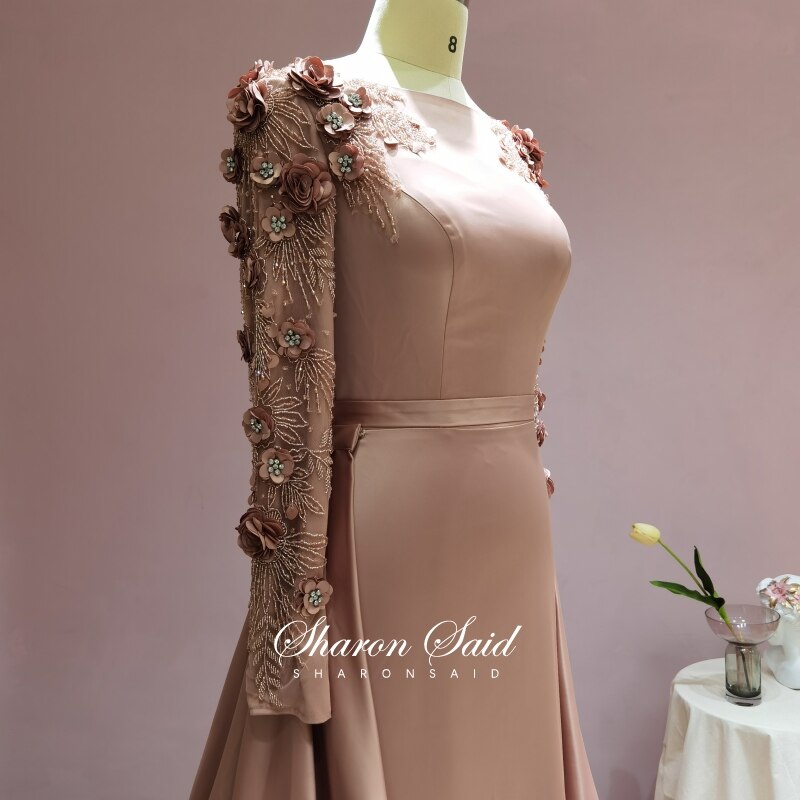 Elegant Champagne Long Sleeves Muslim Evening Dress with