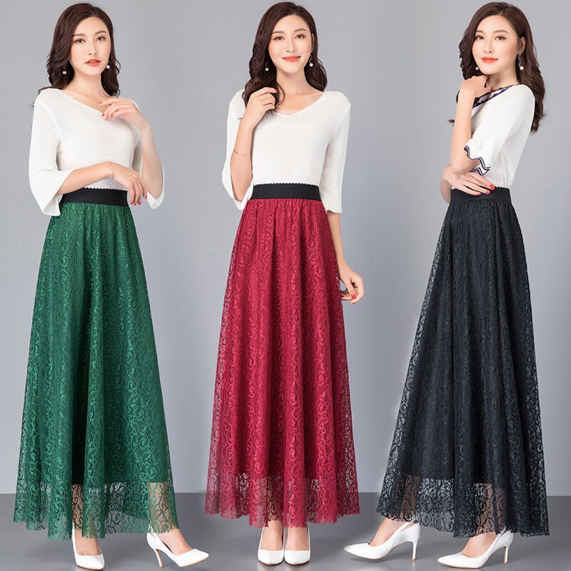 Summer Spring Autumn Lace Elastic High Waist Long Skirt A line Skirt B Waislamaa