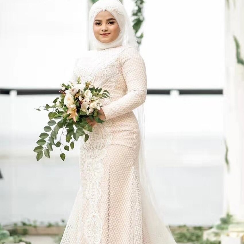 Hijab Long Sleeve Muslim Wedding Dress Colorful Lace Applique Mermaid Waislamaa Hijab Long Sleeve Muslim Wedding Dress Colorful Lace Applique Mermaid Waislamaa